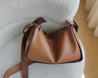 Minimal Leather Handbag,Genuine Leather Shoulder Bag,Slouchy Tote Bag