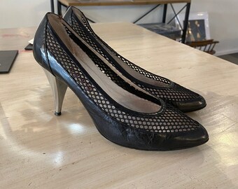 1980s high heels, vintage shoes, 80s pumps, la Marca, black leather, mesh fishnet, size 7, Italian, silver heel, fetish style, gothic, net