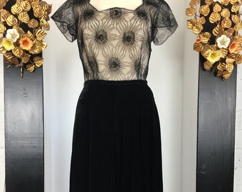 1940s evening dress, black velvet dress, film noir style, net lace dress, beaded 40s dress, size medium, 29 waist, old Hollywood style