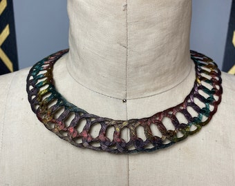 1980s choker, statement necklace, vintage jewelry, woven metal mesh, chunky, rainbow necklace, 80s jewelry