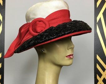 1950s straw hat, vintage 50s hat, black and red, wide brim hat, Cathy of california, mrs maisel style, buckle, Summer, Kentucky derby hat