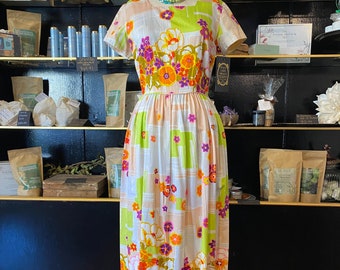 1960s maxi dress, bright floral cotton, vintage 60s dress, lounge craft, medium, flowers and plaid, border print, mod, 27 28, mrs maisel