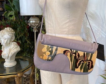 1980s shoulder bag. Patricia smith moon bag, vintage purse, lilac leather, cross body, iris print, lavender leather, envelope purse, clutch
