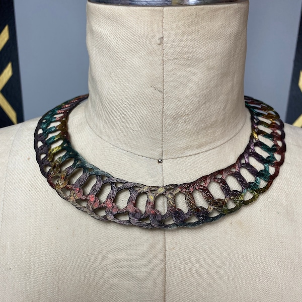 1980s choker, statement necklace, vintage jewelry, woven metal mesh, chunky, rainbow necklace, 80s jewelry