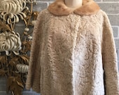 1950s Cropped fur coat, vintage persian lamb, fur jacket, curly lamb, beige fur, jacket with mink collar, size large