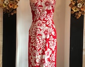 Vintage Hawaiian dress, tropical dress, rockabilly dress, red and white floral, cotton sundress, 1950s style dress, 28 waist