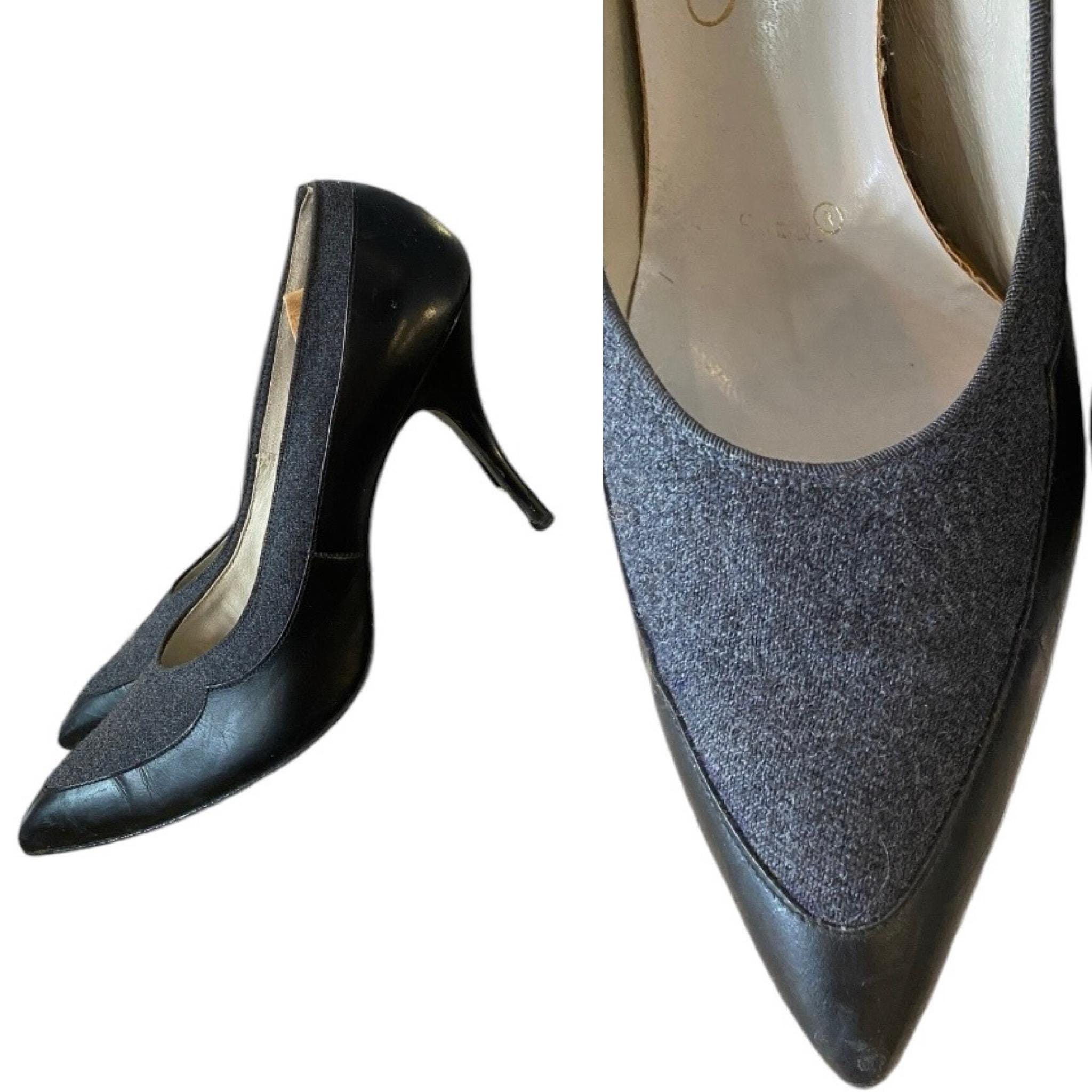 Vintage 1950s High Heel Shoes 50s Stilettos Black and Gray Pumps