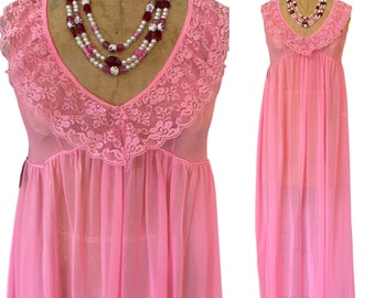 1960s sheer nightgown, bubble gum pink, 60s lingerie, barbiecore, small medium, mod style, empire waist, see though, sleeveless nightie, 34