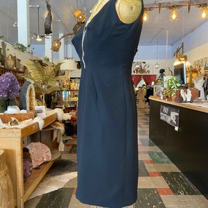 1960s cocktail dress, bullet bust, vintage 60s dress, rhinestone trim, med, sheer illusion, classic sheath, black tie, lbd, formal evening image 8