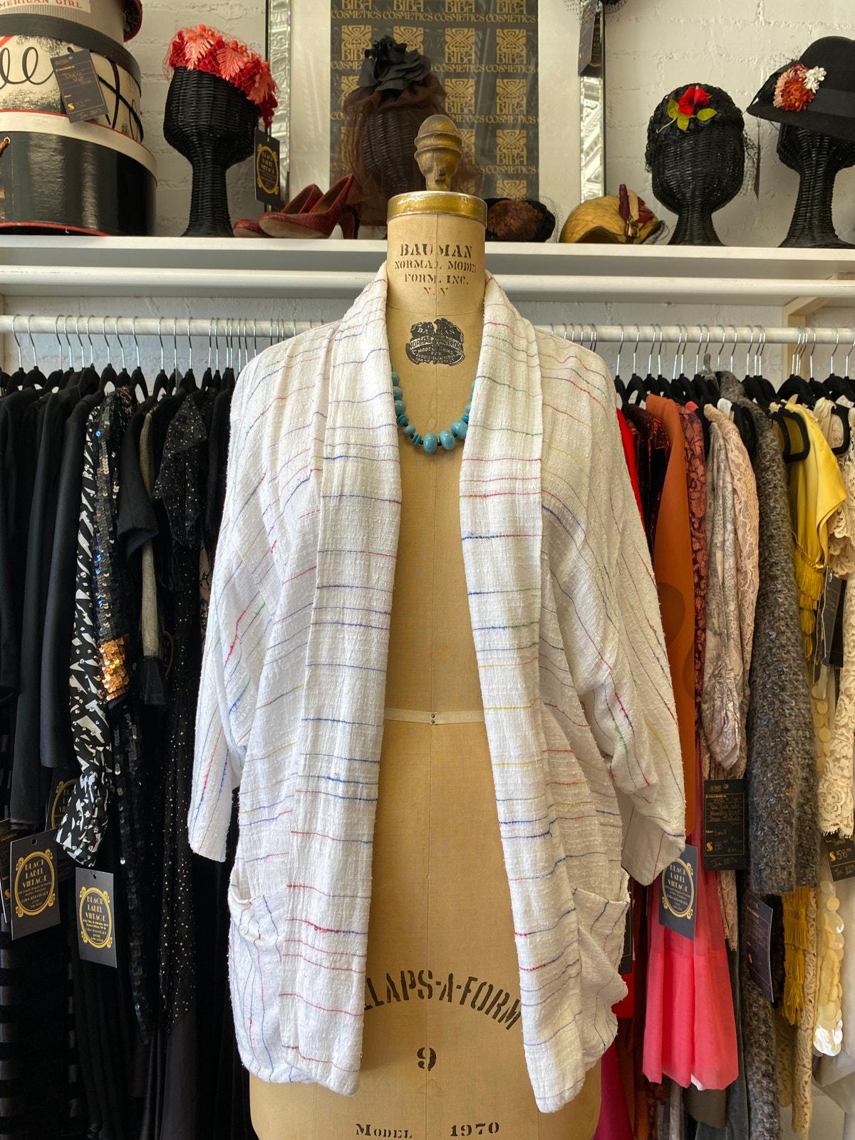 vintage 1980s batwing jacket White rainbow striped rayon open front cardigan medium 80s fashion pockets