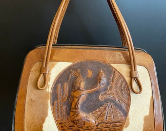 1970s tooled leather bag, vintage purse, mayan goddess novelty print, cowhide handbag, aztec temple, southwestern
