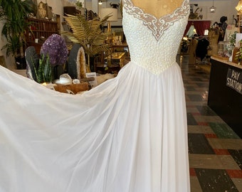 mike benet gown, sheer white chiffon, 1960s formal, sequin dress, x-small, 24 25 waist, sheer illusion, prom, wedding, prom, beaded dress