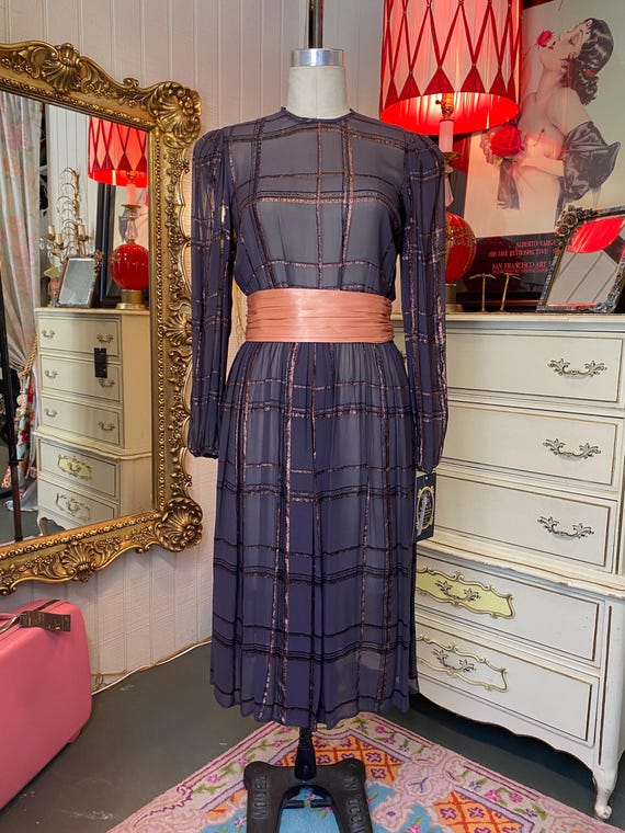 vintage 1980s sheer purple dress with puff sleeves gold lurex plaid full skirt cummerbund belt medium 80s fashion