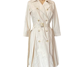1990s dress coat, double breasted, beige cotton blend, medium, vintage 90s dress, belted spy coat,