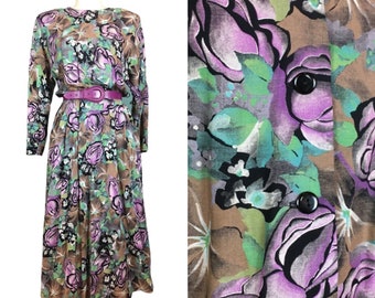 1980s rayon dress, purple floral dress, vintage 80s dress, 1940s style dress, dolman sleeve dress, size medium, dress with pockets, 28 waist