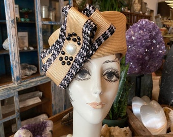 1980s designer hat, oscar de la renta, huge bow, vintage millinery, studded pearls, straw hat, checkered, 22