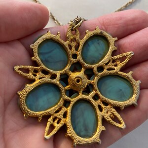 Sarah Coventry, turquoise flower, vintage jewelry set, necklace and earrings, mod, 1960s costume jewelry, hippie style, cabochon, pendant image 5