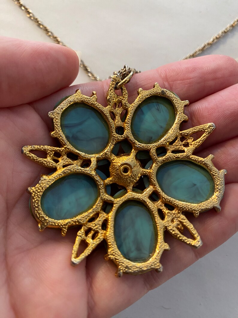 Sarah Coventry, turquoise flower, vintage jewelry set, necklace and earrings, mod, 1960s costume jewelry, hippie style, cabochon, pendant image 5