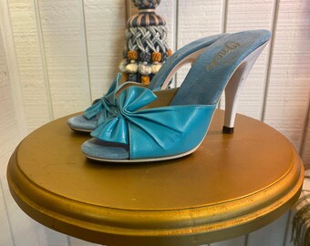 Mules de tacón alto de cuero color aguamarina estilo vintage de los años 70, zapatos de los 70, Onex estilo pin up de los años 50, 5 6 vlv