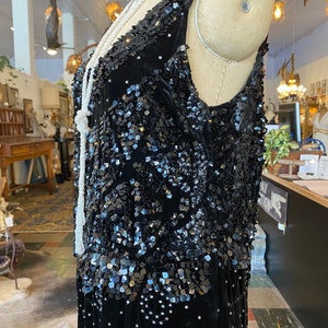 1920s sequin dress, black velvet, vintage flapper dress, size large, peaky blinders, sleeveless shift, 38 image 6