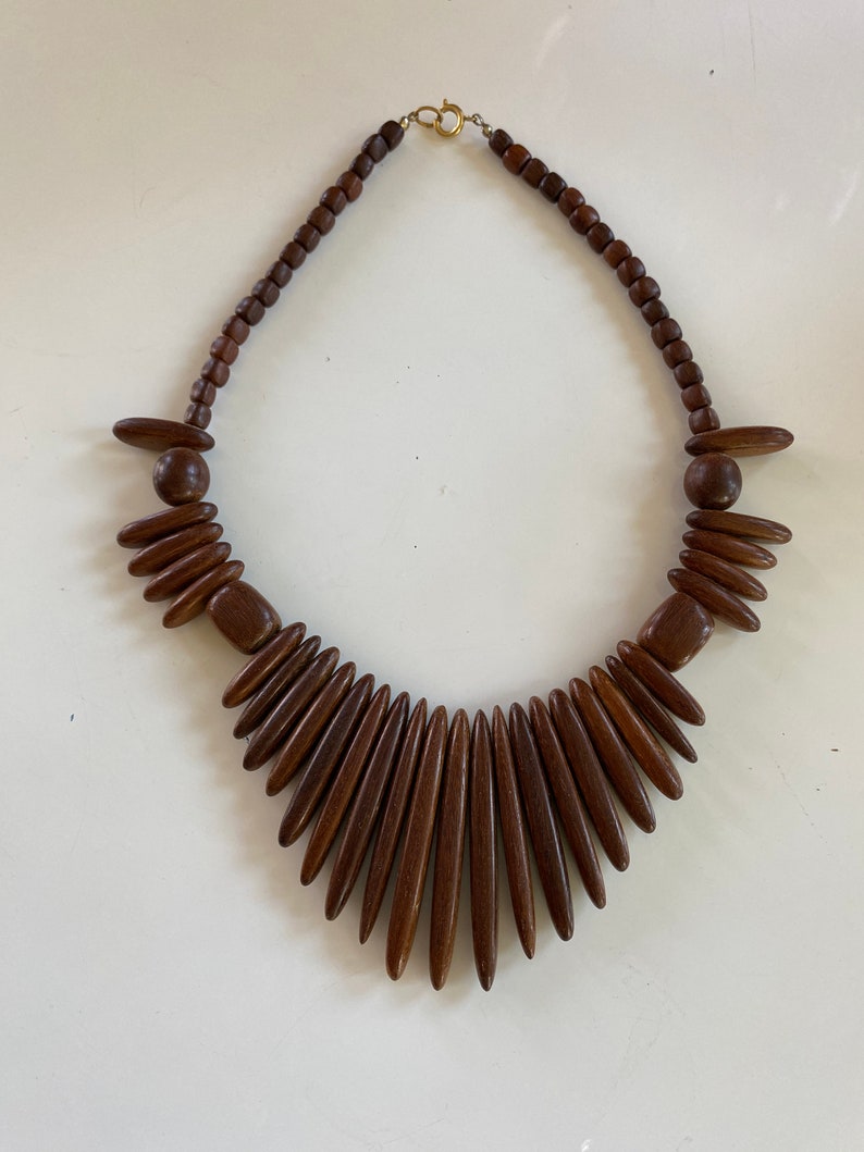 1980s necklace, ethnic style, wood beads, bib necklace, vintage jewelry, tribal style, statement necklace, fan like, graduated, avant garde image 1