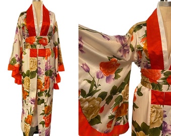 1980s kimono robe, rose print satin, angel sleeves, vintage dressing gown, one size,  obi belt, 80s loungewear