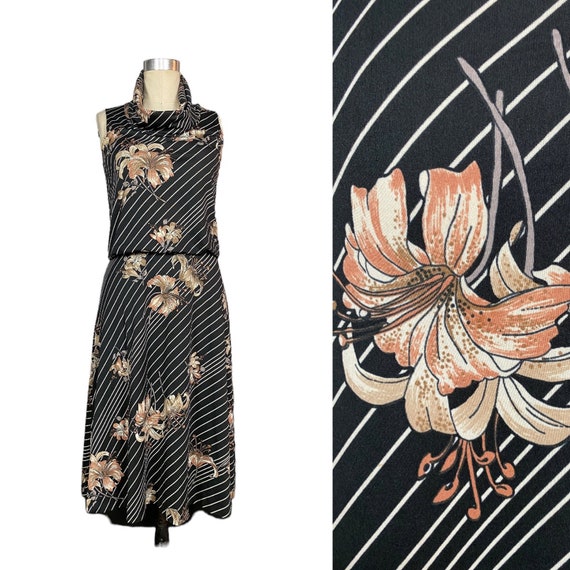 1970s polyester dress, black floral, vinytage 70s… - image 1