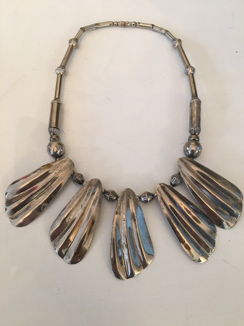 1980s bib necklace, chunky silver necklace, vintage 80s necklace, ethnic style necklace, statement necklace, 1980s jewelry image 4