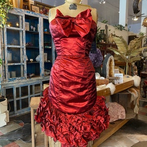 1980s prom dress, red metallic lame', vintage 80s dress, ruched bows, mike benet, strapless cocktail dress, x-small image 1