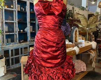 1980s prom dress, red metallic lame', vintage 80s dress, ruched bows, mike benet, strapless cocktail dress, x-small