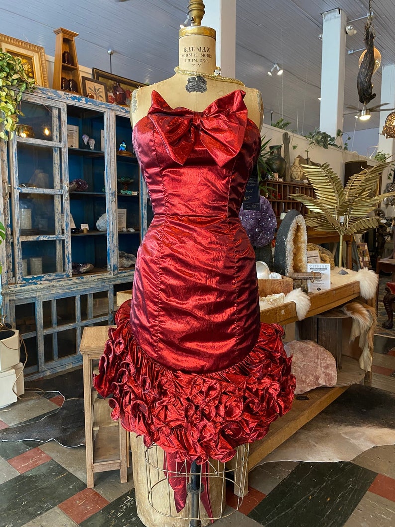 1980s prom dress, red metallic lame', vintage 80s dress, ruched bows, mike benet, strapless cocktail dress, x-small image 1