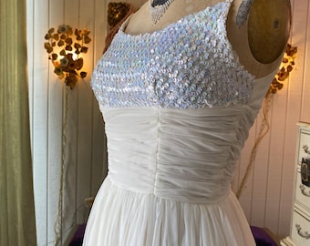 vintage jaren 1960 witte jurk met pailletten en chiffon xs iriserende bal bruiloft formeel 60