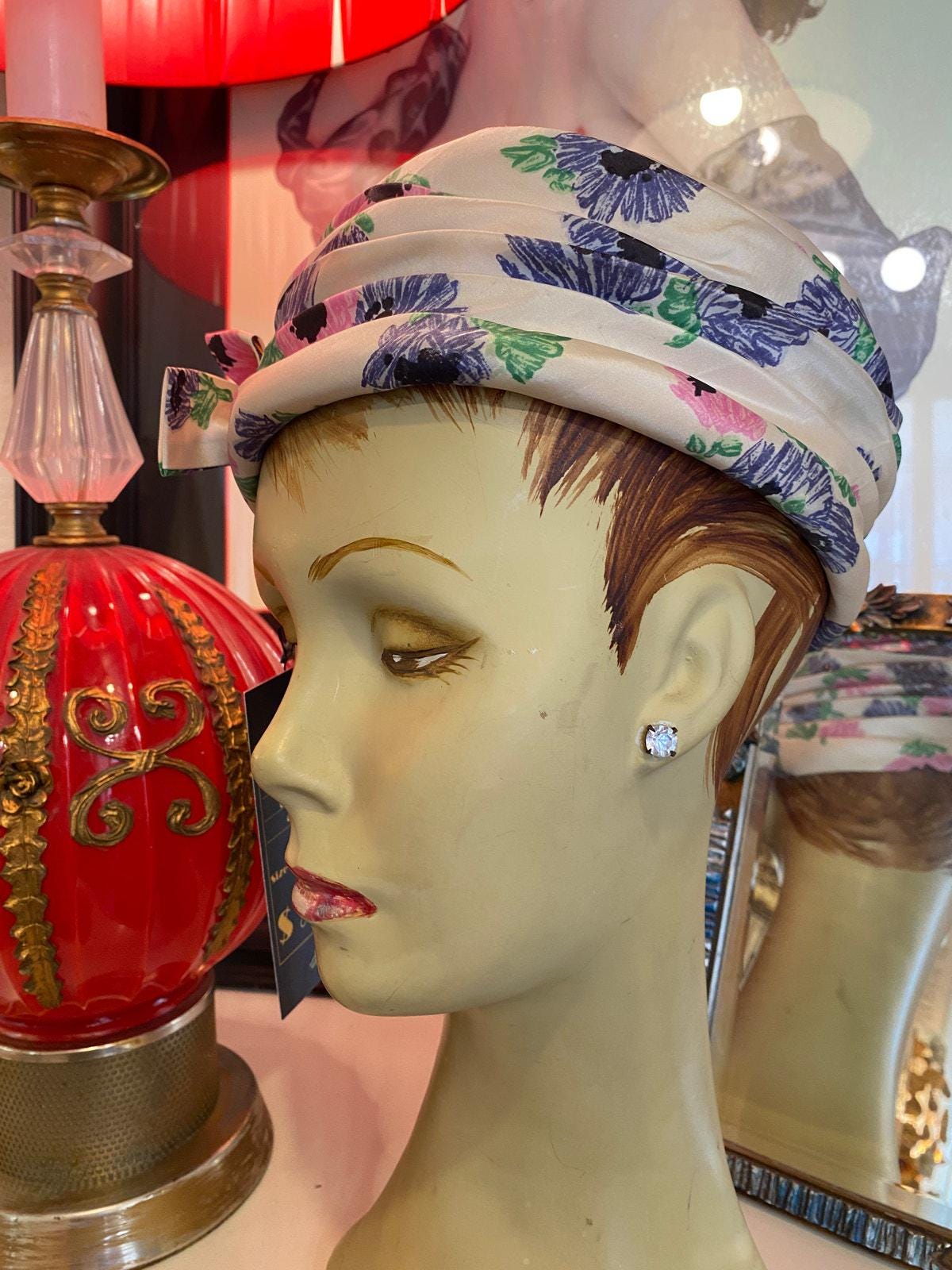 Vintage 1960s Neiman Marcus Floral Pleated Turban Hat 60s  display picture 1