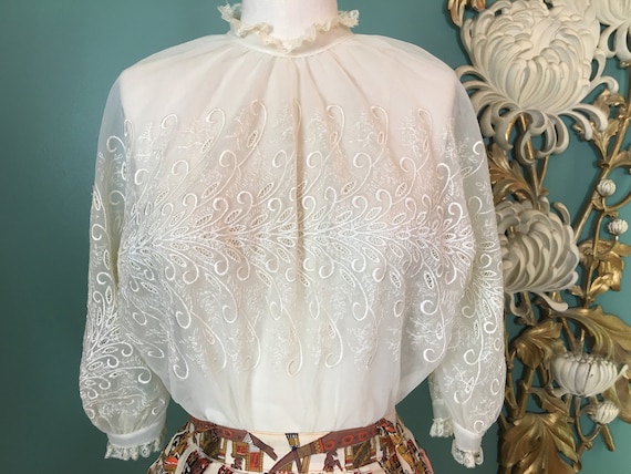 1950s ivory blouse, sheer nylon blouse, embroidere
