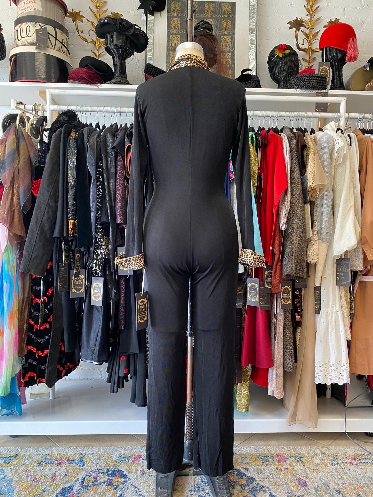 Vintage 1990s Choon Black Stretch Jumpsuit With Leopard Zip Front