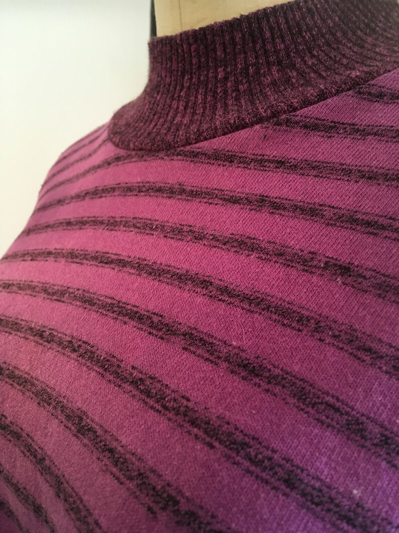 dolman sleeves vintage 80s top size medium 1980s purple top black and purple striped belted top mockneck 1980s long sleeve t shirt