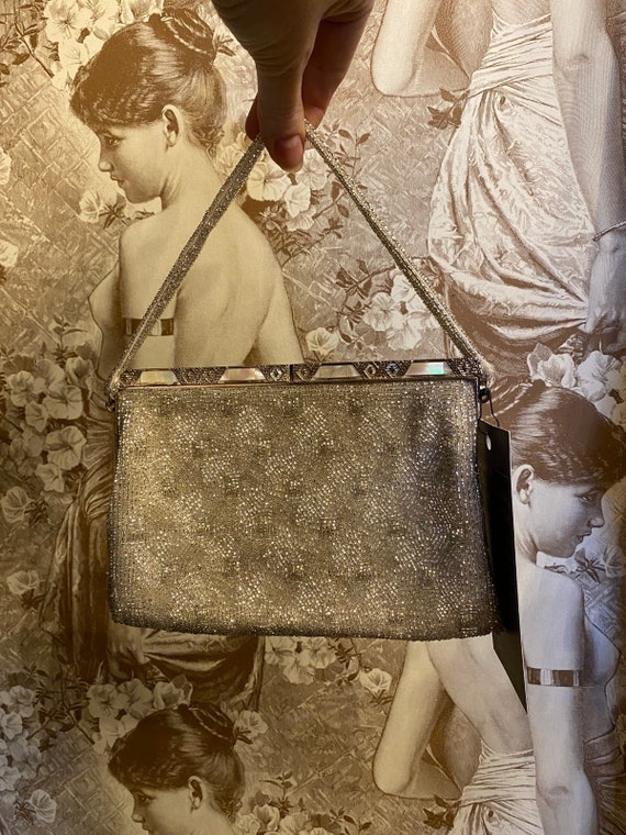 1950s beaded handbag, silver glass beads, vintage… - image 5