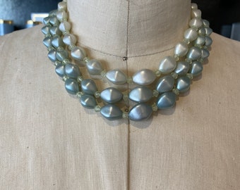 1950s beaded necklace, multi strand, vintage jewelry, ombre green pearls, pearlescent, adjustable, 50s choker, mrs maisel, mid century