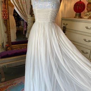 vintage 1960s white sequin and chiffon gown xs iridescent prom wedding formal 60