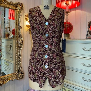 vintage 1990s burgundy vest floral scrolls s/m 90s fashion sleeveless tunic y2k