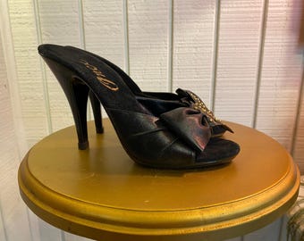 vintage 1970s black leather mules onex studded bow 70s high heel shoes slides 6