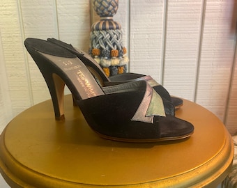 ヴィンテージ 1970年代 ブラック スエード ミュール ライラックとグリーンのストライプシューズ 70年代ヒール ワイルドペア