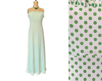 1970s maxi dress, green and white polka dot, vintage 70s dress, spaghetti straps, summer, empire waist, x-small