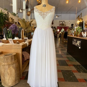mike benet gown, sheer white chiffon, 1960s formal, sequin dress, x-small, 24 25 waist, sheer illusion, prom, wedding, prom, beaded dress
