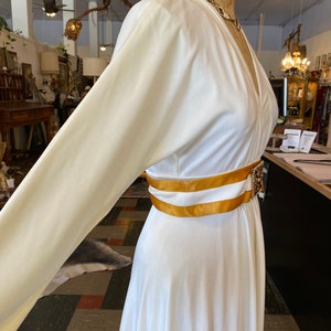 1970s maxi dress, vintage evening gown, white and gold, jeweled belt, rhinestone dress, x-small, mod hostess image 4