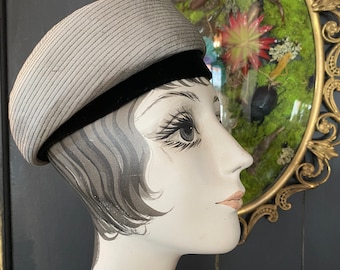 John Doyle Bishop, 1960s beret, gray and black, vintage hat, chevron, Seattle designer, Revira, velvet trim, classic design