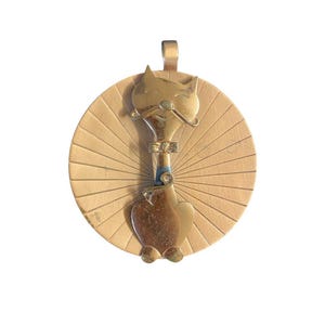 vintage 1960s huge copper cat pendant 3D mustache 60s novelty necklace mod