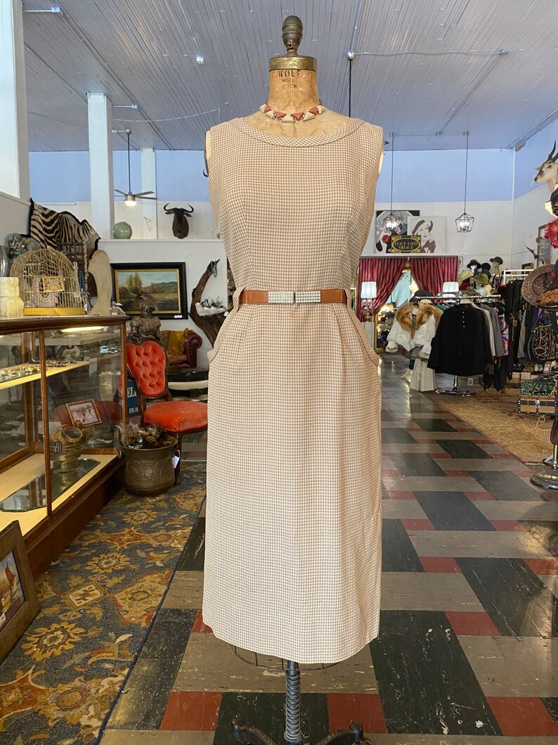 1950s 2 piece dress set, Beige check, vintage 50s outfit, bonwitt teller, mrs maisel, rockabilly style, 30 waist image 6