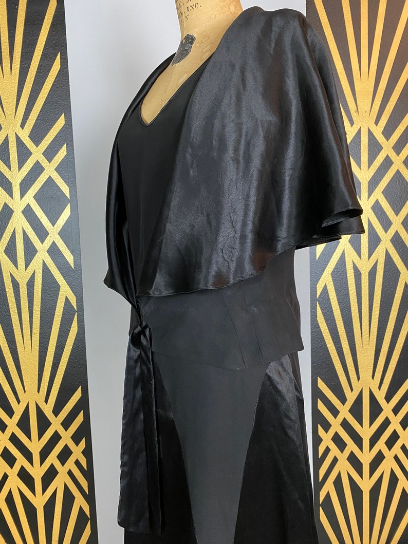 1920s 2 piece set, flapper style, dress with capelet, black rayon, anitique dress, harlequin, flutter sleeves, 1930s dress, art deco, medium image 8