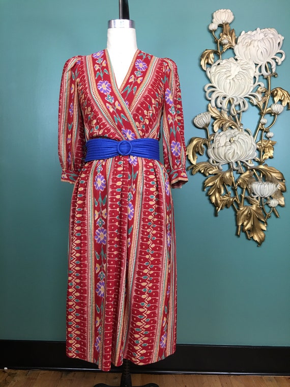 1980s rayon dress, border print dress, vintage 80s